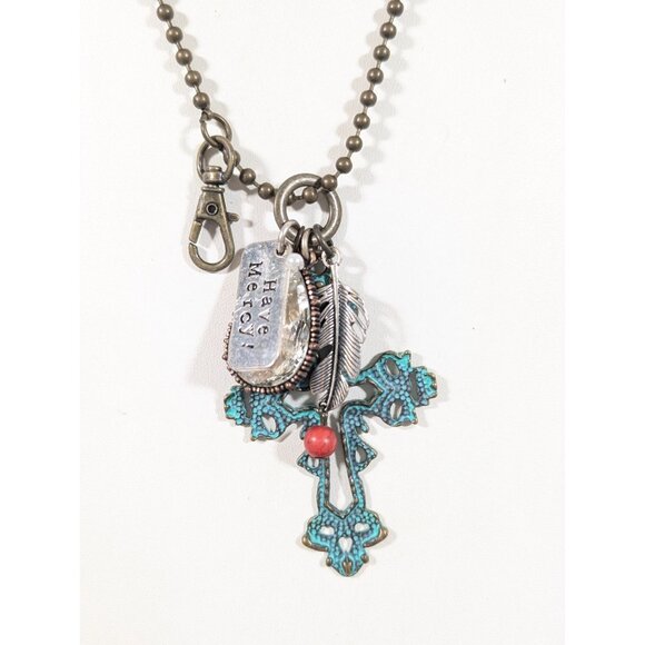 Plunder Green Patina Cross NEcklace Bronze Tone Have Mercy Rhinestone 34 in - Picture 1 of 7